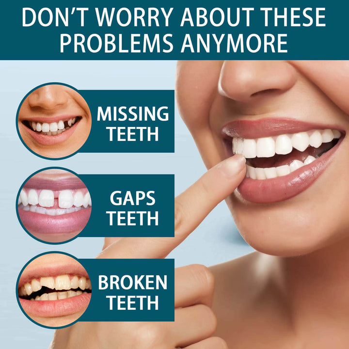 Advertisement for dental services with a woman pointing to her smile, highlighting missing, gaps, and broken teeth issues. EELHOE Snap-on Dental Prosthetics for Gap Filling EELHOE Customizable Snap-on Dental Prosthetics Temporary Adhesive Gap Filling Tooth Correction Denture Set
