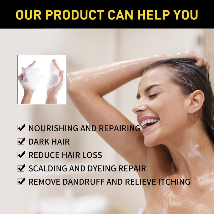 Woman with dark hair applying a product, with text highlighting product benefits. EELHOE Dark Hair Cleanser for Natural Brunette Care EELHOE Dark Hair Cleanser (Natural Brunette) Essence of Polygonum Multiflorum Revitalizing Black Shampoo for Gentle Cleansing and Repair of Hair