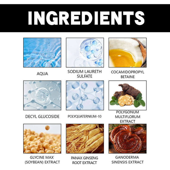List of ingredients with corresponding images and names on a white background. EELHOE Dark Hair Cleanser for Natural Brunette Care EELHOE Dark Hair Cleanser (Natural Brunette) Essence of Polygonum Multiflorum Revitalizing Black Shampoo for Gentle Cleansing and Repair of Hair