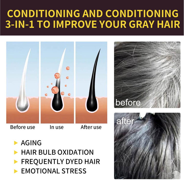 Hair care product advertisement showing before and after effects on gray hair. EELHOE Dark Hair Cleanser for Natural Brunette Care EELHOE Dark Hair Cleanser (Natural Brunette) Essence of Polygonum Multiflorum Revitalizing Black Shampoo for Gentle Cleansing and Repair of Hair