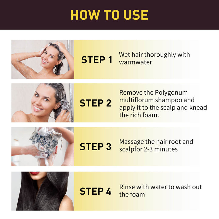 Instructions on how to use Polygonum multiflorum shampoo with step-by-step guide and images of a woman washing her hair. EELHOE Dark Hair Cleanser for Natural Brunette Care EELHOE Dark Hair Cleanser (Natural Brunette) Essence of Polygonum Multiflorum Revitalizing Black Shampoo for Gentle Cleansing and Repair of Hair