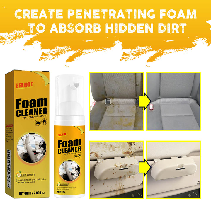 Foam cleaner product with packaging and before-and-after images of a car seat cleaning process. EELHOE Foam Cleaner for Car Interiors & Upholstery EELHOE Foam Cleaner for Car Steering Wheels, Leather Upholstery Cleaning Supplies, and a Versatile Interior Cleaning Solution for Removing Contaminants
