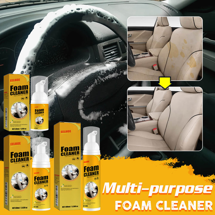 Foam cleaner products with packaging and usage examples on a car interior background. EELHOE Foam Cleaner for Car Interiors & Leather Seats EELHOE Foam Cleaner for Car Steering Wheels and Leather Seats, Contamination Removal, Versatile Interior Cleaning Solution