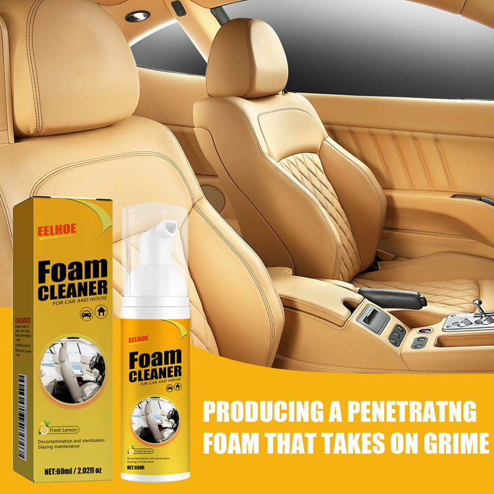 Car interior with foam cleaner spray and packaging on a yellow background EELHOE Foam Cleaner for Car Interiors & Leather Seats EELHOE Foam Cleaner for Car Steering Wheels and Leather Seats, Contamination Removal, Versatile Interior Cleaning Solution
