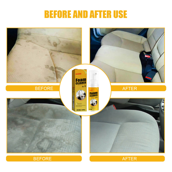 Before and after use of a foam cleaner on car seats. EELHOE Foam Cleaner for Car Interiors & Leather Seats EELHOE Foam Cleaner for Car Steering Wheels and Leather Seats, Contamination Removal, Versatile Interior Cleaning Solution