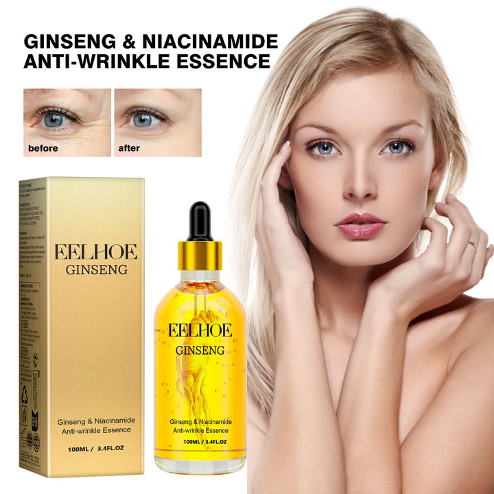 Eelhoe Ginseng & Niacinamide Anti-Wrinkle Essence with packaging and before/after effects on skin. EELHOE Ginseng Essence: Moisturizing Eye Serum EELHOE Ginseng Essence Facial Skin Hydration Serum for the Eye Region Enhancing Softness and Revitalizing Properties