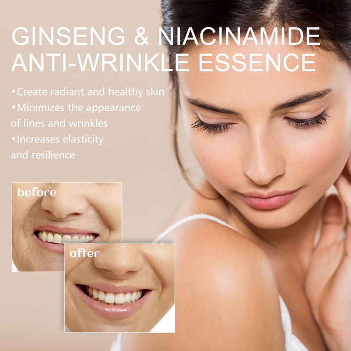 Advertisement for Ginseng & Niacinamide Anti-Wrinkle Essence with before and after effects on skin. EELHOE Ginseng Essence: Moisturizing Eye Serum EELHOE Ginseng Essence Facial Skin Hydration Serum for the Eye Region Enhancing Softness and Revitalizing Properties