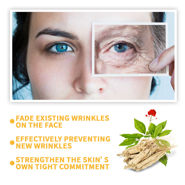 Advertisement for skincare product showing before and after effects on skin with a plant illustration. EELHOE Ginseng Essence: Moisturizing Eye Serum EELHOE Ginseng Essence Facial Skin Hydration Serum for the Eye Region Enhancing Softness and Revitalizing Properties