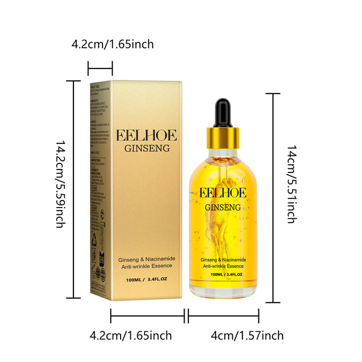 Eelhoe Ginseng serum bottle and packaging with dimensions on a white background EELHOE Ginseng Essence: Moisturizing Eye Serum EELHOE Ginseng Essence Facial Skin Hydration Serum for the Eye Region Enhancing Softness and Revitalizing Properties