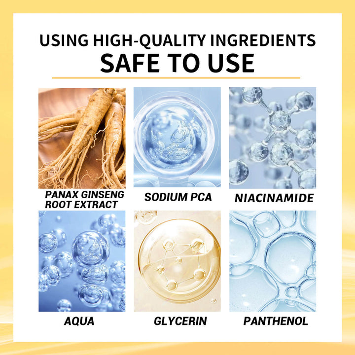 List of high-quality ingredients used in a product with corresponding images and names. EELHOE Ginseng Essence: Moisturizing Eye Serum EELHOE Ginseng Essence Facial Skin Hydration Serum for the Eye Region Enhancing Softness and Revitalizing Properties