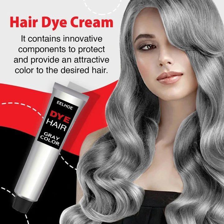 Advertisement for hair dye cream with a woman with gray hair and product packaging. EELHOE Gray Hair Styling Cream for Seniors EELHOE Hair Styling Product for Seniors Gray Hair Styling Item Popular Hair Cream Simple to Tint Hair Maintenance Durable Soft without Harming Hair