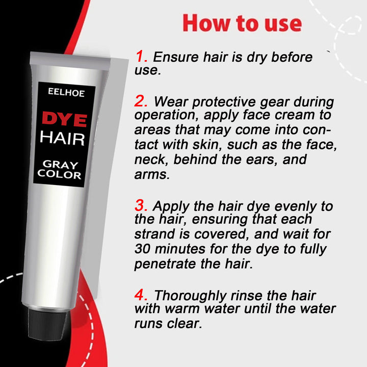 Eelhoe hair dye tube with gray color on a black background, showing usage instructions. EELHOE Gray Hair Styling Cream for Seniors EELHOE Hair Styling Product for Seniors Gray Hair Styling Item Popular Hair Cream Simple to Tint Hair Maintenance Durable Soft without Harming Hair