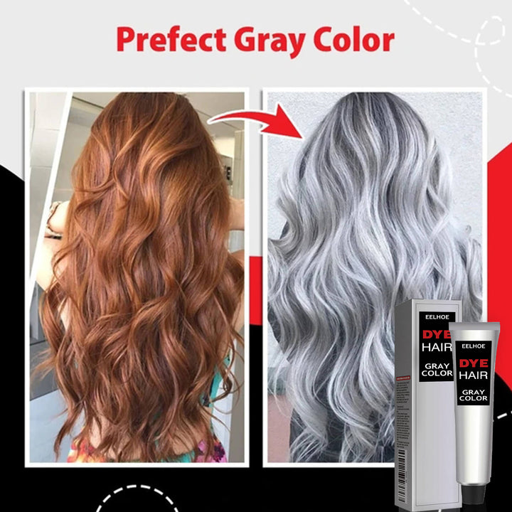 Before and after comparison of hair color change with a hair dye product displayed. EELHOE Gray Hair Styling Cream for Seniors EELHOE Hair Styling Product for Seniors Gray Hair Styling Item Popular Hair Cream Simple to Tint Hair Maintenance Durable Soft without Harming Hair