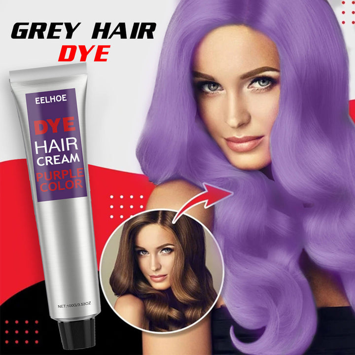 Hair dye product with a woman with purple hair and a before-and-after image. EELHOE Gray Hair Styling Cream for Seniors EELHOE Hair Styling Product for Seniors Gray Hair Styling Item Popular Hair Cream Simple to Tint Hair Maintenance Durable Soft without Harming Hair