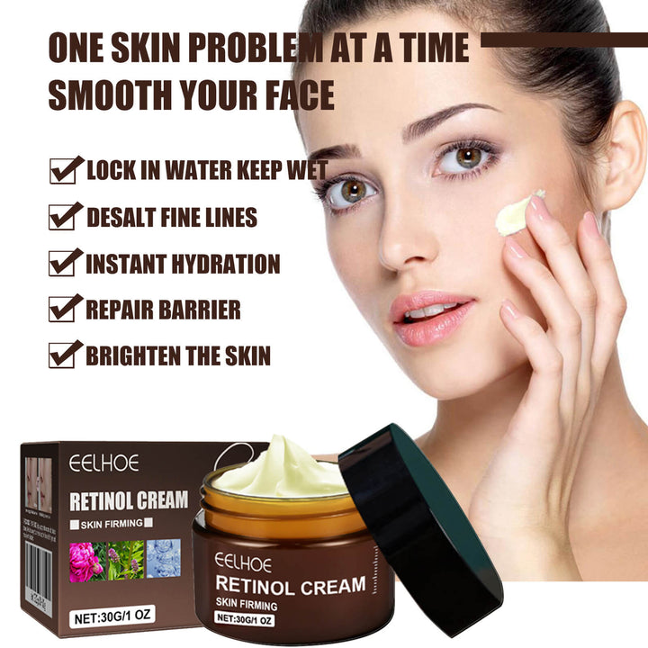 Eelhoe Retinol Cream packaging with a woman applying cream to her face. EELHOE Retinol Cream: Hydrating Anti-Aging Solution EELHOE Retinol Cream Age-Defying Tightening Illuminating Hydrating Face Skincare Cream