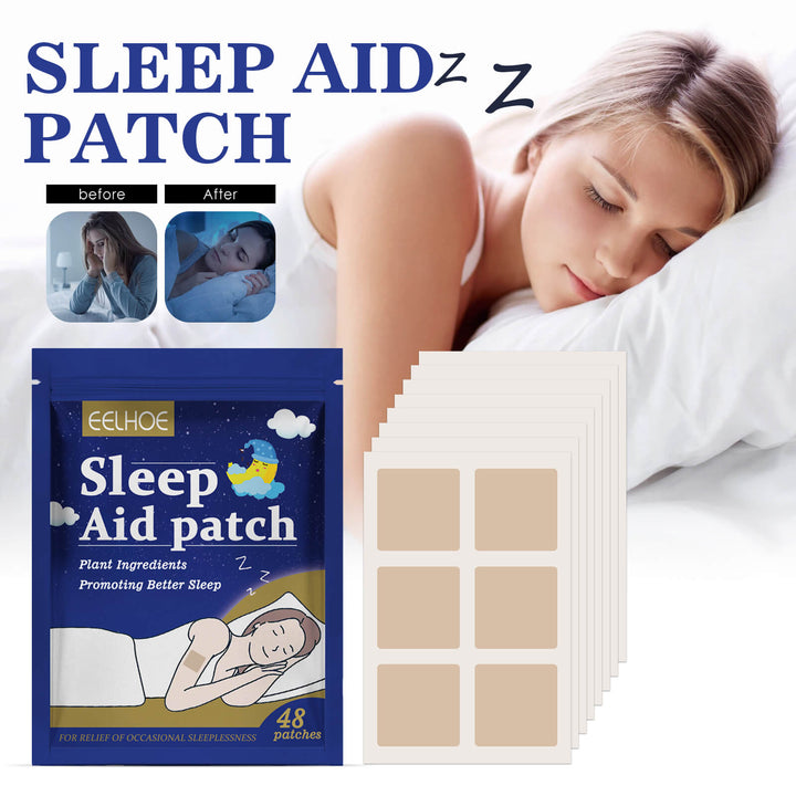 Sleep aid patch packaging with a woman sleeping, showing 'before' and 'after' effects. EELHOE Sleep Stickers for Soothing Comfort and Care EELHOE Sleep Stickers Calming Sleep Support Product Enhancing Comfort for Restful Sleep Body Care Patches
