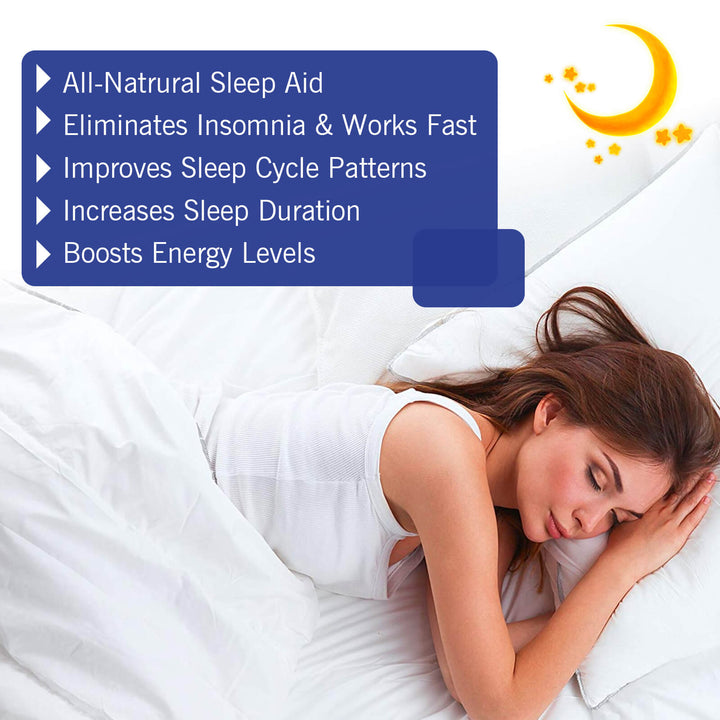 Woman sleeping in bed with text about all-natural sleep aid benefits. EELHOE Sleep Stickers for Soothing Comfort and Care EELHOE Sleep Stickers Calming Sleep Support Product Enhancing Comfort for Restful Sleep Body Care Patches