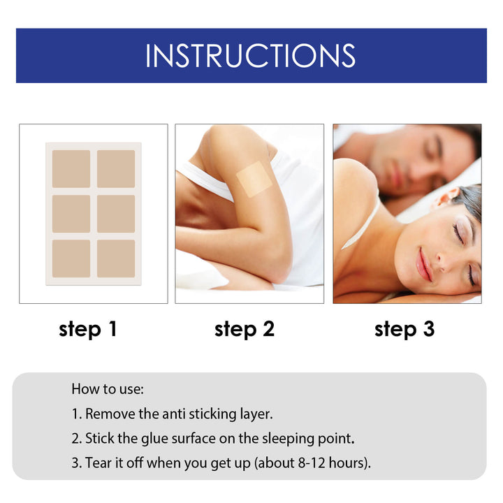 Step-by-step instructions for using a adhesive patch with images and text. EELHOE Sleep Stickers for Soothing Comfort and Care EELHOE Sleep Stickers Calming Sleep Support Product Enhancing Comfort for Restful Sleep Body Care Patches