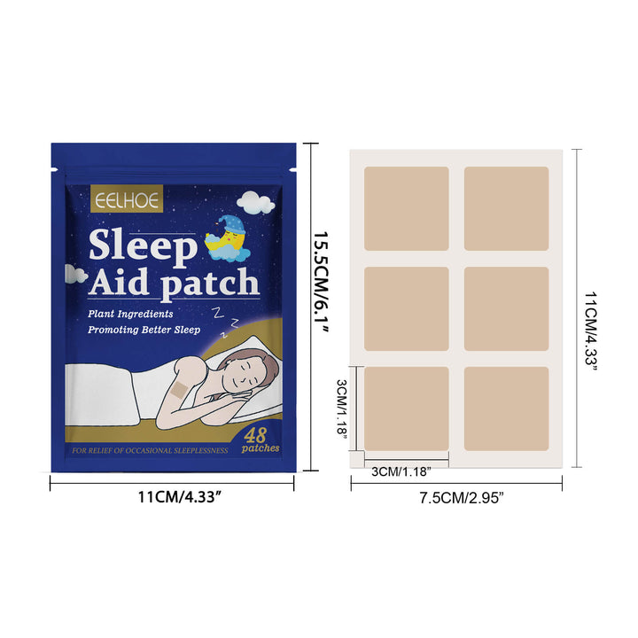 Sleep aid patch packaging with dimensions on a white background EELHOE Sleep Stickers for Soothing Comfort and Care EELHOE Sleep Stickers Calming Sleep Support Product Enhancing Comfort for Restful Sleep Body Care Patches