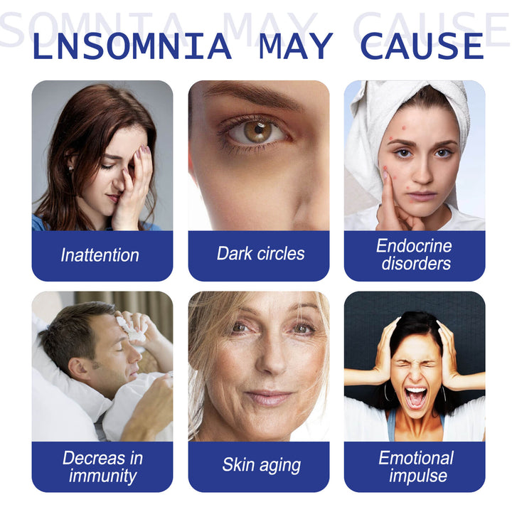Chart showing how insomnia may cause various issues including inattention, dark circles, endocrine disorders, decreased immunity, skin aging, and emotional impulse. EELHOE Sleep Stickers for Soothing Comfort and Care EELHOE Sleep Stickers Calming Sleep Support Product Enhancing Comfort for Restful Sleep Body Care Patches