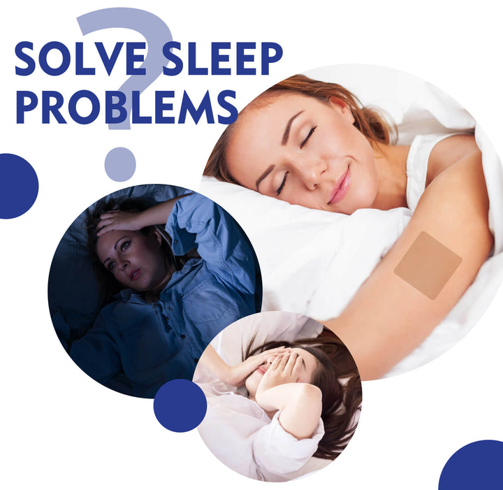 Woman sleeping soundly with a patch on her arm, surrounded by text 'Solve Sleep Problems' and small inset images of people with sleep issues. EELHOE Sleep Stickers for Soothing Comfort and Care EELHOE Sleep Stickers Calming Sleep Support Product Enhancing Comfort for Restful Sleep Body Care Patches