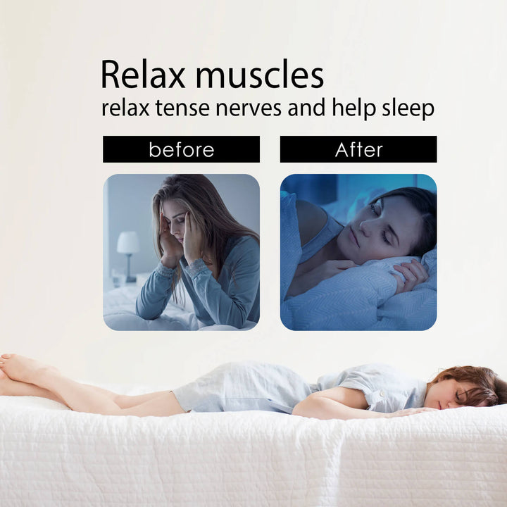 Before and after comparison of a person relaxing and sleeping, with text on muscle relaxation and sleep aid. EELHOE Sleep Stickers for Soothing Comfort and Care EELHOE Sleep Stickers Calming Sleep Support Product Enhancing Comfort for Restful Sleep Body Care Patches