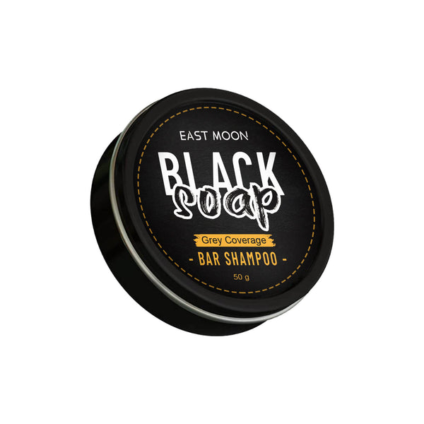 Black container of East Moon Black Soap Bar Shampoo on a white background East Moon Men's Shampoo Bar for Dark, Glossy Hair East Moon Men's Shampoo Bar Cleanses Hair, Enriches, Dark Hair, Glossy Hair Treatment, Men's Shampoo Bar