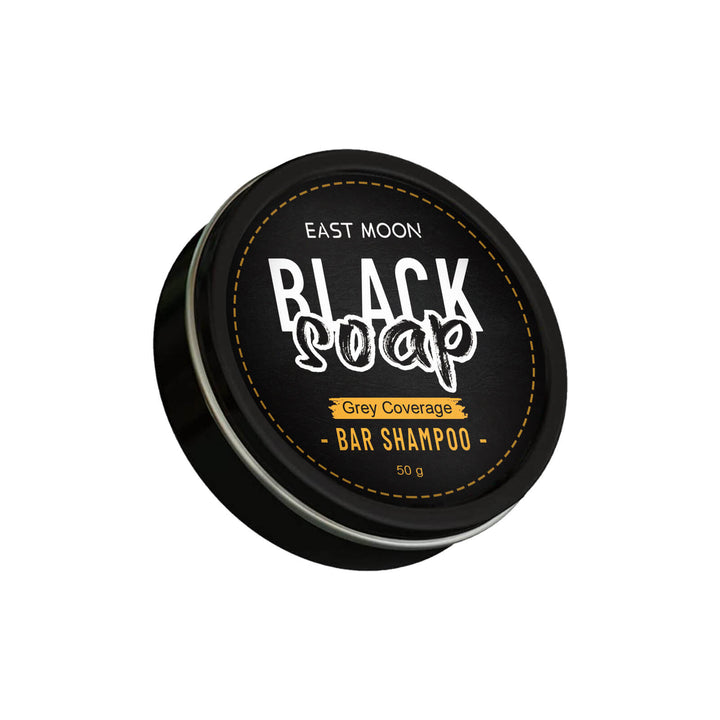 Black container of East Moon Black Soap Bar Shampoo on a white background East Moon Men's Shampoo Bar for Dark, Glossy Hair East Moon Men's Shampoo Bar Cleanses Hair, Enriches, Dark Hair, Glossy Hair Treatment, Men's Shampoo Bar