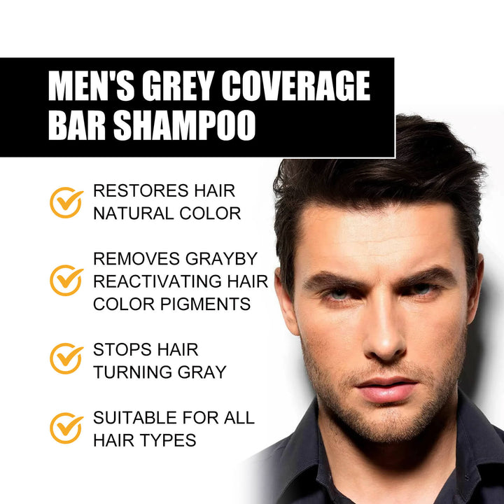 Advertisement for men's grey coverage bar shampoo with a man's face and product benefits listed. East Moon Men's Shampoo Bar for Dark, Glossy Hair East Moon Men's Shampoo Bar Cleanses Hair, Enriches, Dark Hair, Glossy Hair Treatment, Men's Shampoo Bar