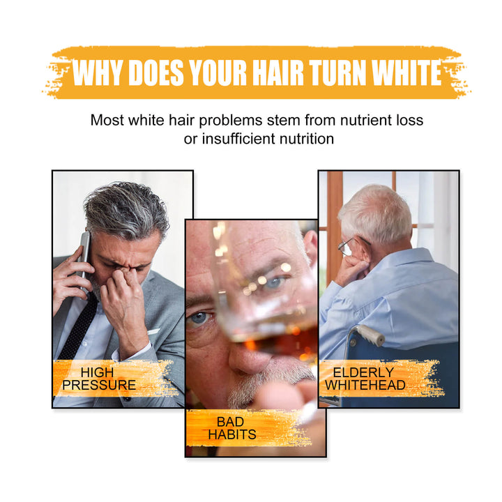Diagram explaining why hair turns white with text and images of people with gray hair. East Moon Men's Shampoo Bar for Dark, Glossy Hair East Moon Men's Shampoo Bar Cleanses Hair, Enriches, Dark Hair, Glossy Hair Treatment, Men's Shampoo Bar
