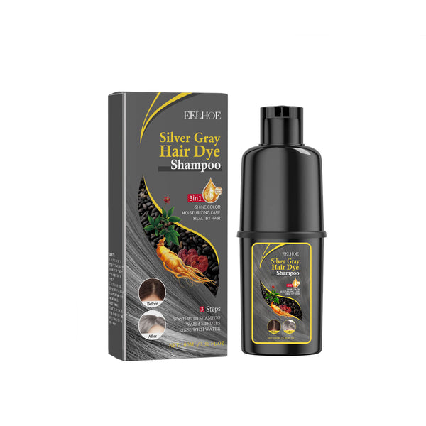 ELHUE Silver Gray Hair Dye Shampoo packaging and bottle on a white background Eelhoe Black Hair Dye Shampoo - Gentle Silver Gray Care Eelhoe Black Hair Dye Shampoo (Silver Gray) Gentle and Non-Aggressive Hydrating Scalp Simple Color Transforming Hair Shampoo