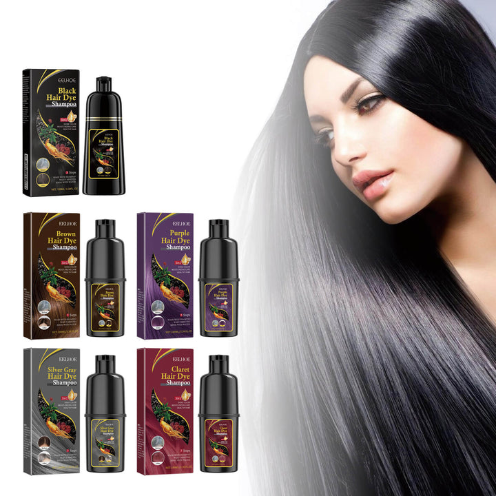 Collection of hair dye products with a model displaying gray hair. Eelhoe Black Hair Dye Shampoo - Gentle Silver Gray Care Eelhoe Black Hair Dye Shampoo (Silver Gray) Gentle and Non-Aggressive Hydrating Scalp Simple Color Transforming Hair Shampoo