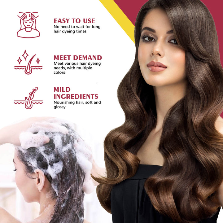 Woman with long, wavy hair next to text highlighting product features on a white and red background. Eelhoe Black Hair Dye Shampoo - Gentle Silver Gray Care Eelhoe Black Hair Dye Shampoo (Silver Gray) Gentle and Non-Aggressive Hydrating Scalp Simple Color Transforming Hair Shampoo
