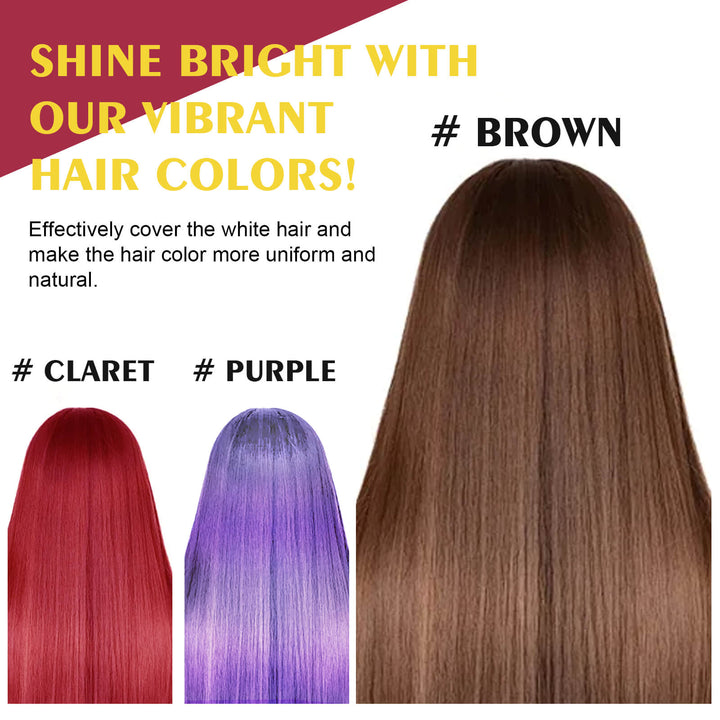 Promotional image of hair color products with brown hair, claret, and purple hair extensions. Eelhoe Black Hair Dye Shampoo - Gentle Silver Gray Care Eelhoe Black Hair Dye Shampoo (Silver Gray) Gentle and Non-Aggressive Hydrating Scalp Simple Color Transforming Hair Shampoo