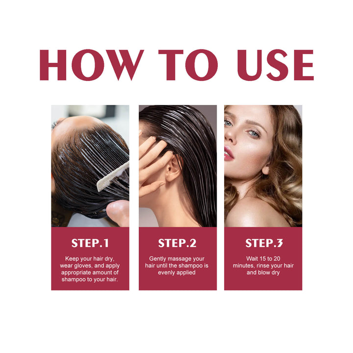 Instructions on how to use shampoo with three steps shown. Eelhoe Black Hair Dye Shampoo - Gentle Silver Gray Care Eelhoe Black Hair Dye Shampoo (Silver Gray) Gentle and Non-Aggressive Hydrating Scalp Simple Color Transforming Hair Shampoo