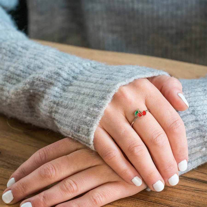 Stylish Enamel Cherry Ring - Handcrafted Jewelry - Wearing Felicity Enamel-Cherry-Ring-02 Wear Felicity