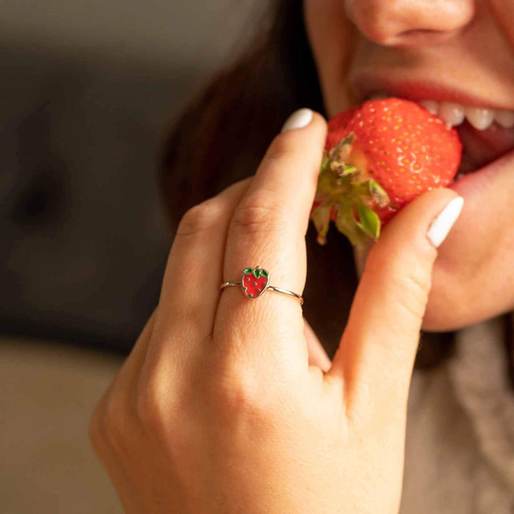 Enamel Strawberry Ring - Cute & Trendy Jewelry - Wearing Felicity Enamel-Strawberry-Ring-02 Wear Felicity