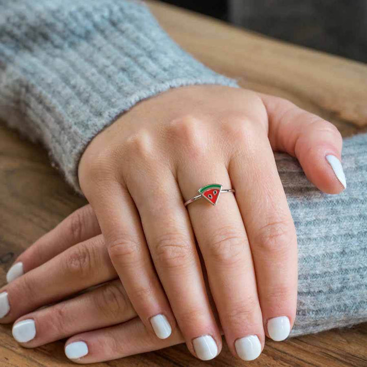 Stylish Enamel Watermelon Ring - Trendy Jewelry - Wearing Felicity Enamel-Watermelon-Ring-02 Wear Felicity