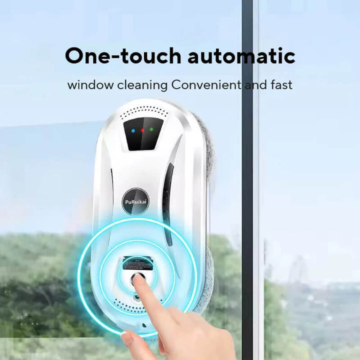Automated window cleaning device with a hand pressing a button, set against a blurred outdoor background. Slim Electric Robotic Vacuum Cleaner for Windows Extremely Slim Robotic Vacuum Cleaner for Windows, Machine for Cleaning Glass, Electric Glass Cleaner, Remote-controlled Device for Household Use