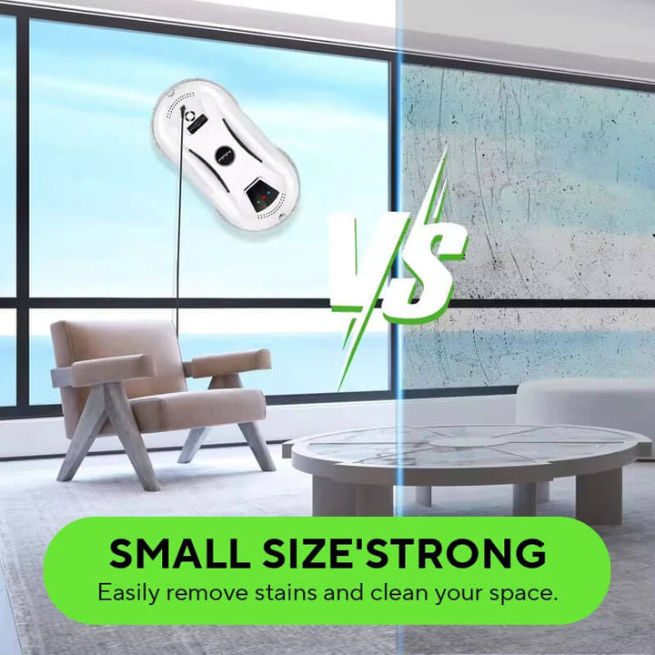 Cleaning tool with a window cleaning tool on a glass surface, with text 'Small Size Strong' and 'Easily remove stains and clean your space.'. Slim Electric Robotic Vacuum Cleaner for Windows Extremely Slim Robotic Vacuum Cleaner for Windows, Machine for Cleaning Glass, Electric Glass Cleaner, Remote-controlled Device for Household Use
