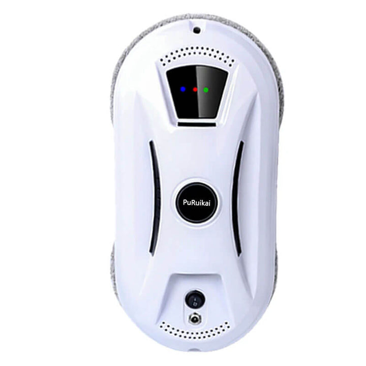 White electronic device with a display and branding on a white background Slim Electric Robotic Vacuum Cleaner for Windows Extremely Slim Robotic Vacuum Cleaner for Windows, Machine for Cleaning Glass, Electric Glass Cleaner, Remote-controlled Device for Household Use