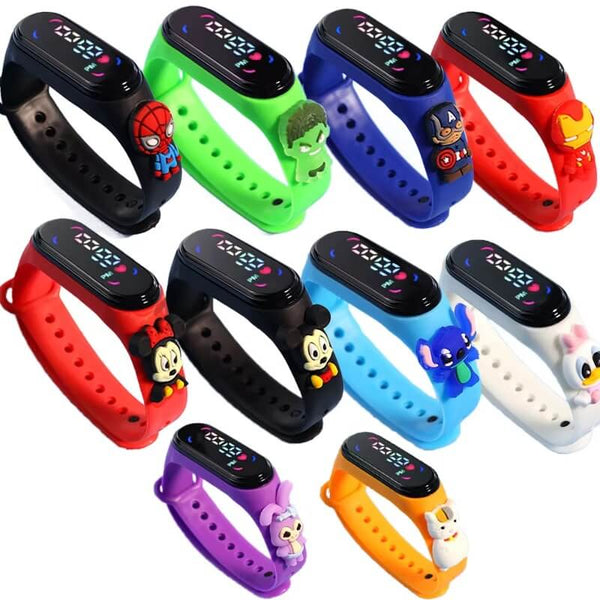 Collection of colorful children's smartwatches with cartoon character designs on white background Fashionable Mickey Mouse Children's Timepieces for Girls Electronic Band Athletic Touchscreen LED Spiderman Figure Kids Timepiece Women's Water-Resistant Watch