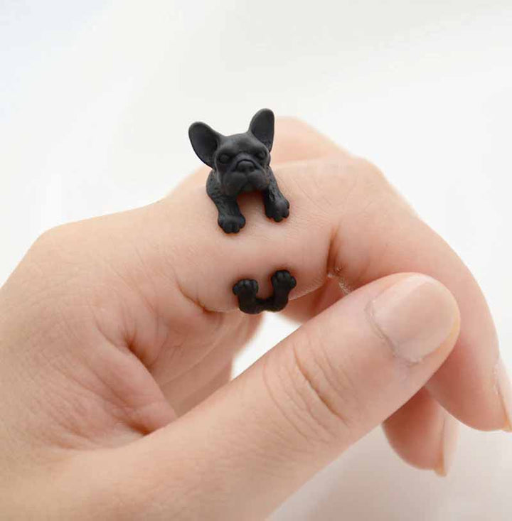 Stylish French Bull Dog Wrap Ring for Pet Lovers - Wearing Felicity French-Bull-Dog-Wrap-Ring-Black Wear Felicity
