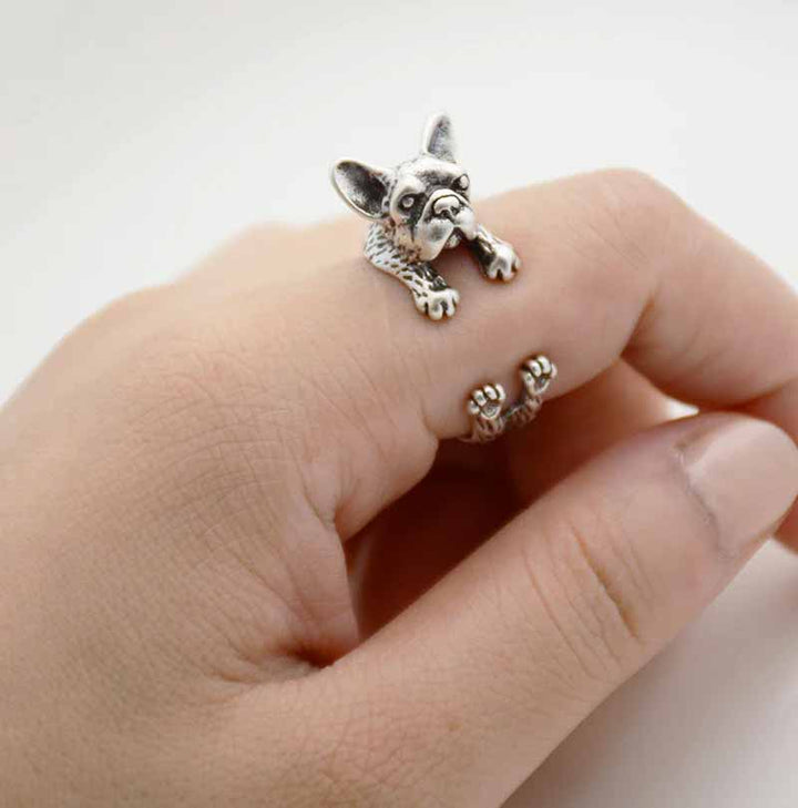 Stylish French Bull Dog Wrap Ring for Pet Lovers - Wearing Felicity French-Bull-Dog-Wrap-Ring-Silver Wear Felicity