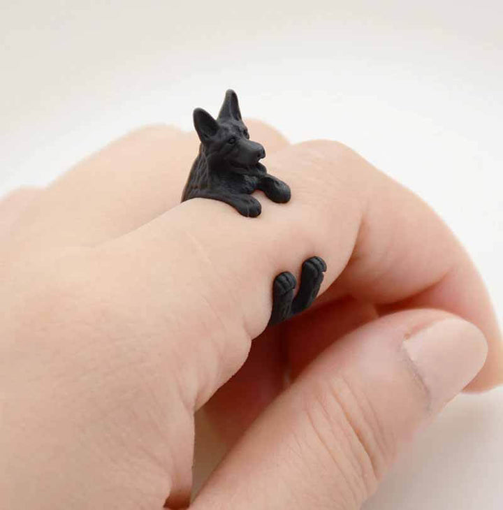 Stylish German Shepherd Wrap Ring for Dog Lovers - Wearing Felicity German-Shepherd-Wrap-Ring-Black Wear Felicity
