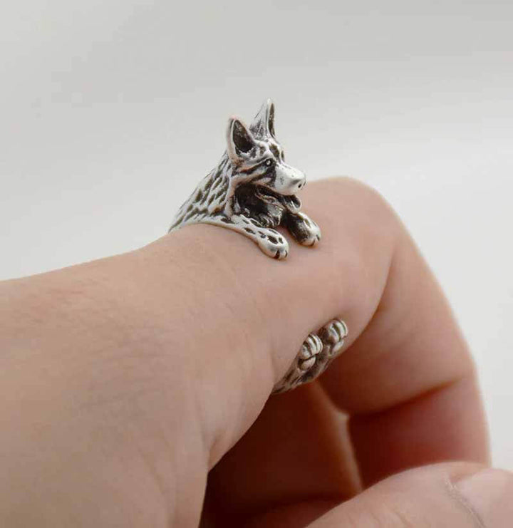 Stylish German Shepherd Wrap Ring for Dog Lovers - Wearing Felicity German-Shepherd-Wrap-Ring-Silver Wear Felicity