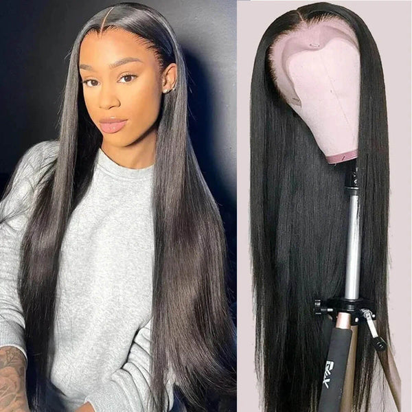 Woman with long black hair and a wig on a mannequin head. Buy HD Clear 13x4 13x6 Lace Front Wigs - 100% Human Hair HD Clear 13x4 13x6 Straight Lace Front Wig Brazilian Pre-Plucked Lace Frontal Wigs Made with 100% Human Hair for Women 4x4 5x5 Wig