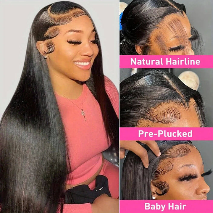 Woman with long black hair next to close-up shots labeled 'Natural Hairline', 'Pre-Plucked', and 'Baby Hair'. Buy HD Clear 13x4 13x6 Lace Front Wigs - 100% Human Hair HD Clear 13x4 13x6 Straight Lace Front Wig Brazilian Pre-Plucked Lace Frontal Wigs Made with 100% Human Hair for Women 4x4 5x5 Wig