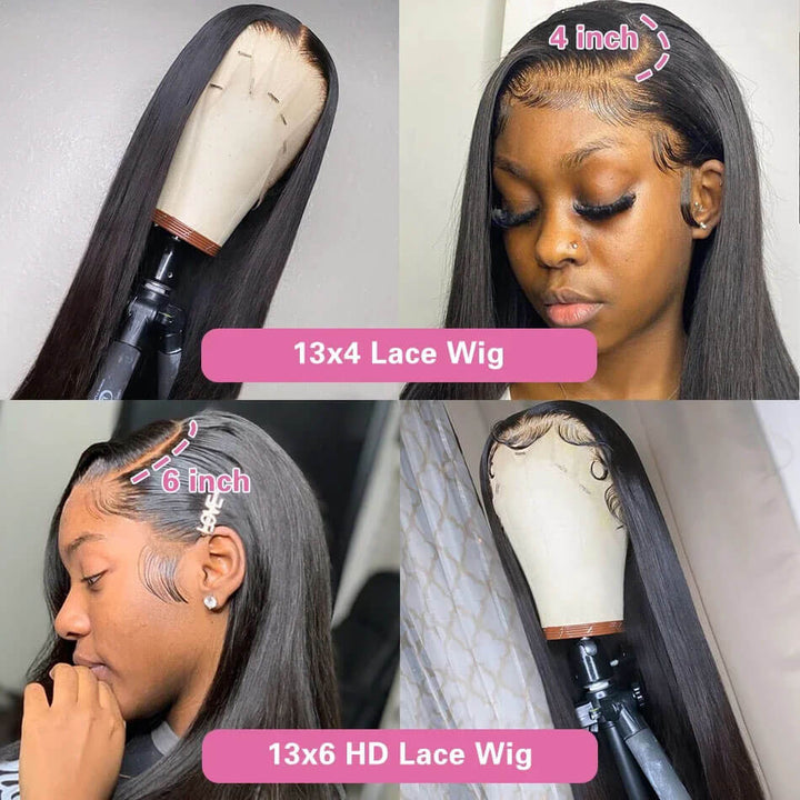 Collage of lace wigs with measurements and a woman wearing one, on a neutral background. Buy HD Clear 13x4 13x6 Lace Front Wigs - 100% Human Hair HD Clear 13x4 13x6 Straight Lace Front Wig Brazilian Pre-Plucked Lace Frontal Wigs Made with 100% Human Hair for Women 4x4 5x5 Wig