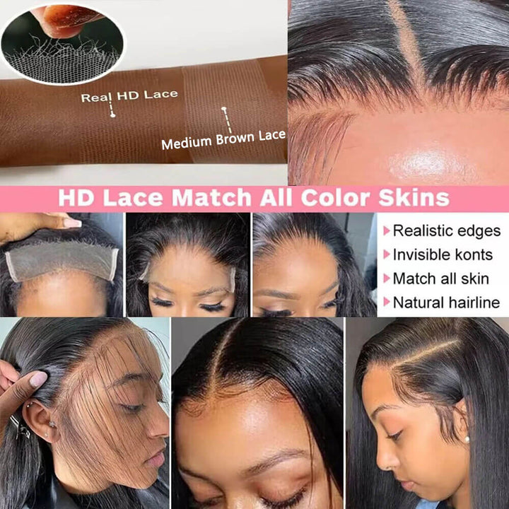 Collage of HD lace wig features and application on different skin tones. Buy HD Clear 13x4 13x6 Lace Front Wigs - 100% Human Hair HD Clear 13x4 13x6 Straight Lace Front Wig Brazilian Pre-Plucked Lace Frontal Wigs Made with 100% Human Hair for Women 4x4 5x5 Wig